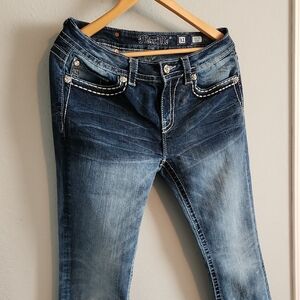 Miss Me Blue Skinny Jeans with Fading and Embellishments